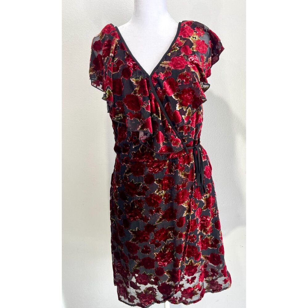 velvet dress Sheer red flower festive holiday romantic ruffle flare women's L